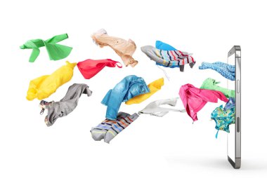 Clothes fly from smartphone screen isolated on a white background. 3d illustration.