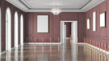 3D render of a classic gallery hall decorated in white color with wooden floor. 3d illustration