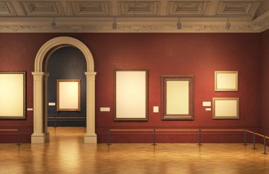 3D render of a classic gallery hall decorated in red color with wooden floor. 3d illustration