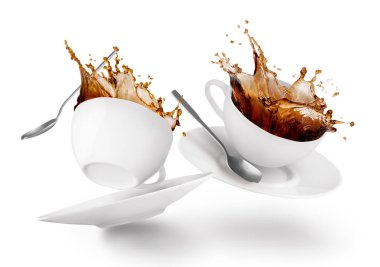 flying coffee cups movement white background