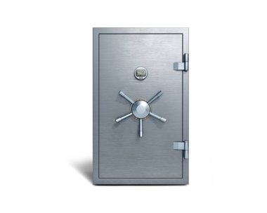 A closed steel safe, isolated on white background, front view, 3d illustration