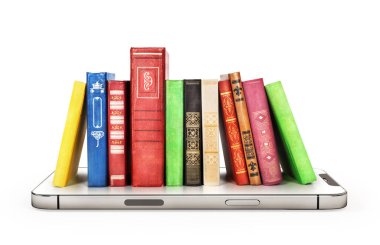 Online learning concept. A large stack of books stands on the smartphone screen isolated on a white background. 3d illustration.