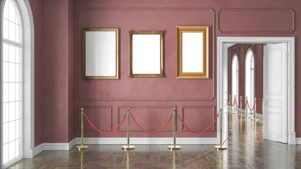 Rendering Una Classica Galleria Decorata Colore Rosso Con Pavimento Legno — Foto Stock