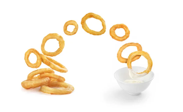 Batter Onion Rings Falling Sour Cream Saucer — 스톡 사진