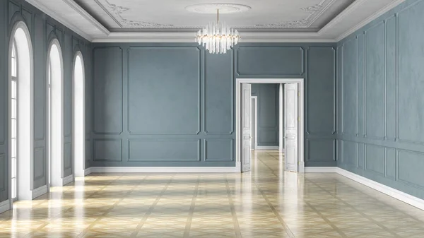 Rendering Una Classica Sala Vuota Decorata Colore Blu Con Pavimento — Foto Stock