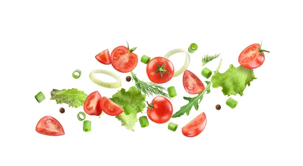 Pomodori Con Verdi Cipolle Uno Sfondo Bianco — Foto Stock