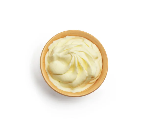 Creamy Cream Ceramic Bowl Top View White Background — Stock Photo, Image