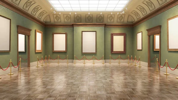 Render Classic Gallery Hall Decorated Green Color Wooden Floor Illustration — Stok fotoğraf