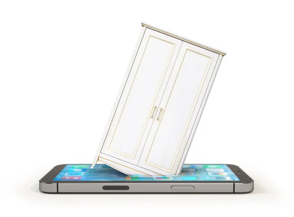 Garderob Sjunker Smartphone Skärmen Isolerad Vit Bakgrund Nätköpskoncept Illustration — Stockfoto