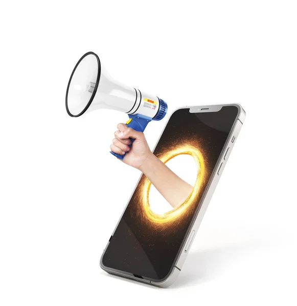 Ekranu Smartfona Wyciąga Się Rękę Głośnikiem Element Ogłoszenia Marketing Społecznościowy — Zdjęcie stockowe