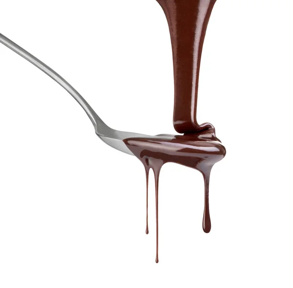 Liquid Chocolate Flows Spoon White Background — Stok fotoğraf