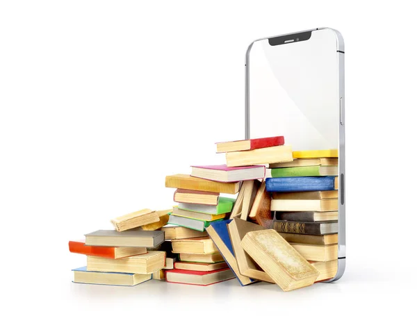 Концепция Онлайн Обучения Большая Куча Книг Выходящих Экрана Смартфона Изолированы — стоковое фото