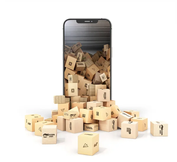 Online Ordering Concept Many Cardboard Boxes Fall Out Smartphone Screen — Stock Photo, Image