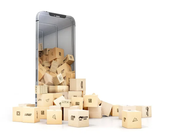 Online Ordering Concept Many Cardboard Boxes Fall Out Smartphone Screen — Stock Photo, Image