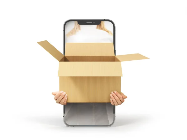 Delivery Concept Hands Stretch Open Box Smartphone Screen Isolated White — Stok fotoğraf