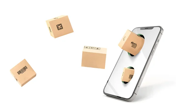 Online Ordering Concept Sealed Boxes Fly Out Smartphone Screen Isolated — Stock Photo, Image