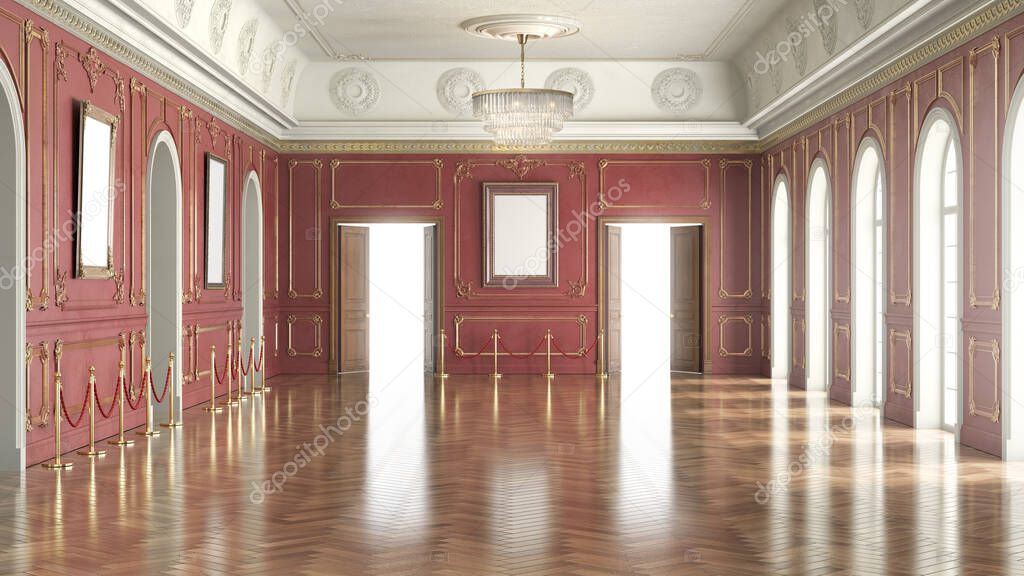 3D render of a classic gallery hall decorated in red color with wooden floor. 3d illustration