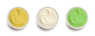 Various sauces in white sauce bowls. Vector illustration.