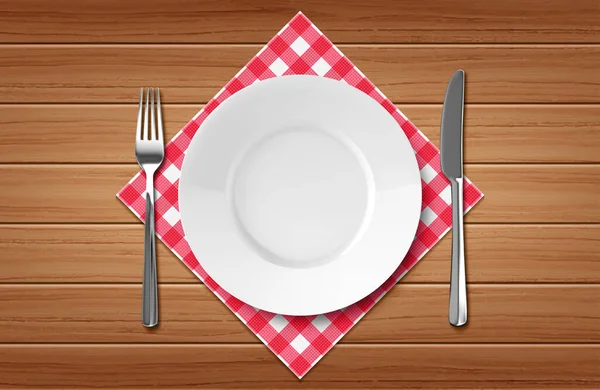 Assiette Plat Vide Avec Couteau Fourchette Sur Fond Bois — Image vectorielle
