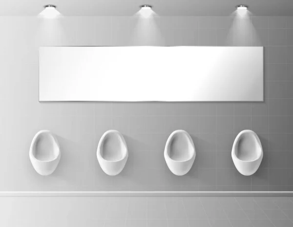 Herentoiletten Minimalistisch Interieur Witte Urinoirs Het Herentoilet Aan Muur Vooraanzicht — Stockvector