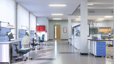 Laboratuvar ekipmanlarıyla birlikte. 3d illüstrasyon