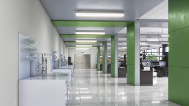 Laboratuvar ekipmanlarıyla birlikte. 3d illüstrasyon