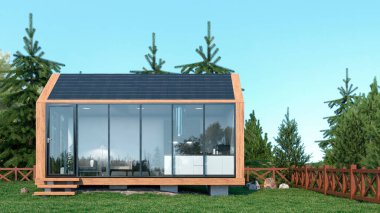 Exterior of modern living modular house. 3d illustration