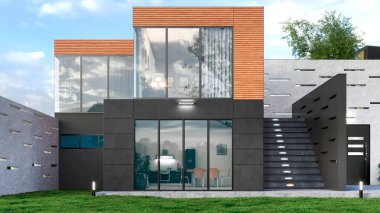 Exterior of modern living modular house. 3d illustration