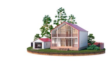 Isolated house and garage on a white background. 3d illustration