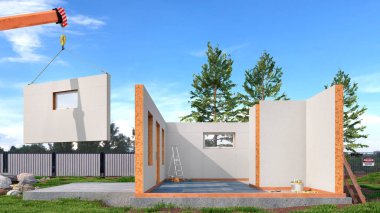 Bileşik yudum panellerinden modern modüler ev yapımı. 3d illüstrasyon