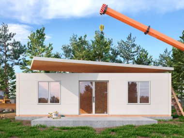 Process building a modular home. 3d illustration