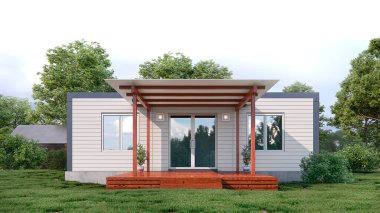 Exterior of modern modular living house. 3d illustration