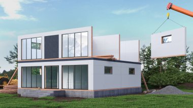 Bileşik yudum panellerinden modern modüler ev yapımı. 3d illüstrasyon