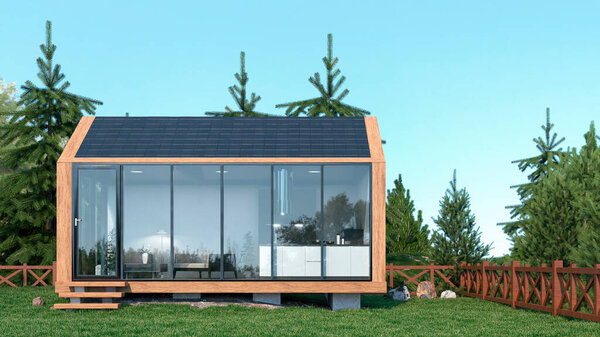 Внешний вид современного жилого модульного дома. 3d иллюстрация