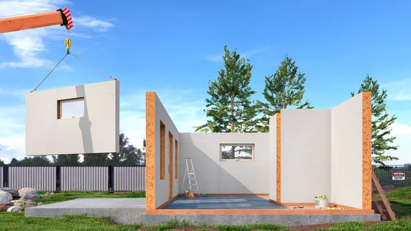 複合シップパネルからの建設現代的なモジュラ式住宅のプロセス 3Dイラスト — ストック写真