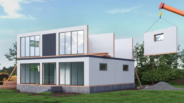 複合シップパネルからの建設現代的なモジュラ式住宅のプロセス 3Dイラスト — ストック写真