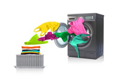 Opened washing machine. Flying clean clothes. Basket with clothes. Vector illustration.