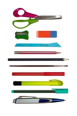 A set of pencils, pens, markers, erasers, scissors and sharpeners. 3d vector illustration
