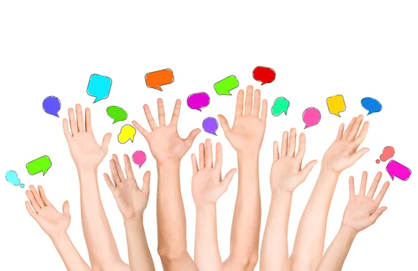 Groep van uiteenlopende multi etnische handen bereiken voor tekstballonnen — Stockfoto