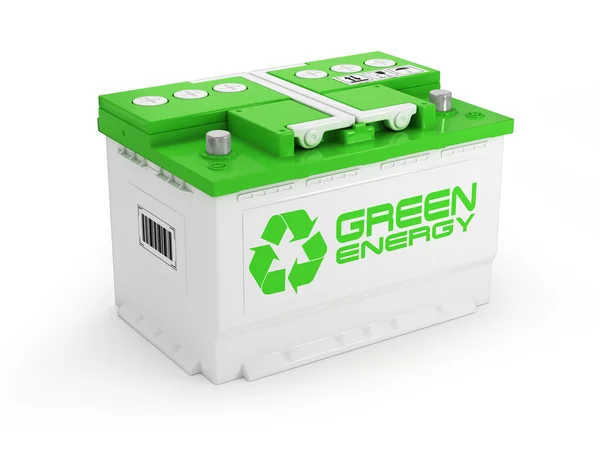 Bateria de carro no fundo branco. Conceito de energia verde — Fotografia de Stock