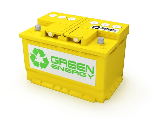 Bilbatteri på vit bakgrund. grön energikoncept — Stockfoto