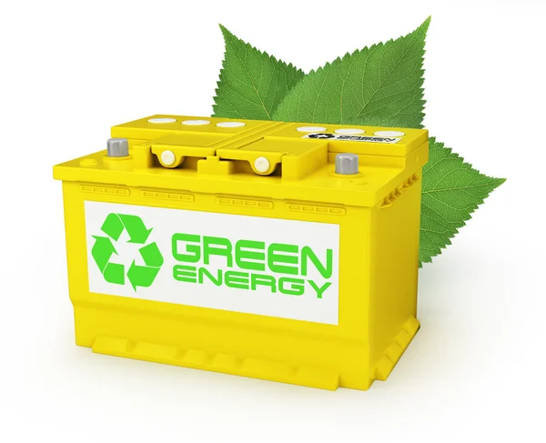 Bateria de carro com sinal de reciclagem verde. 3d — Fotografia de Stock