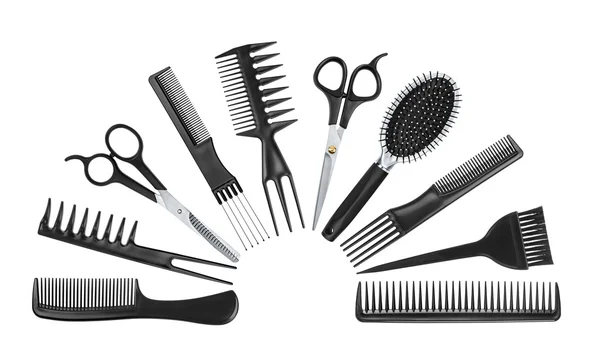 Collection d'outils professionnels coiffeur isolé sur blanc b — Photo