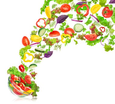 Fresh mixed vegetables falling into a bowl of salad on an isolat clipart