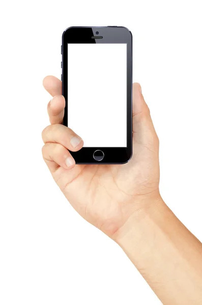 Tenir la main et toucher sur Smartphone noir avec écran blanc sur fond blanc — Photo