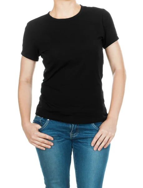 Mädchen in schwarzem T-Shirt und Jeans auf isoliertem Hintergrund — Stockfoto