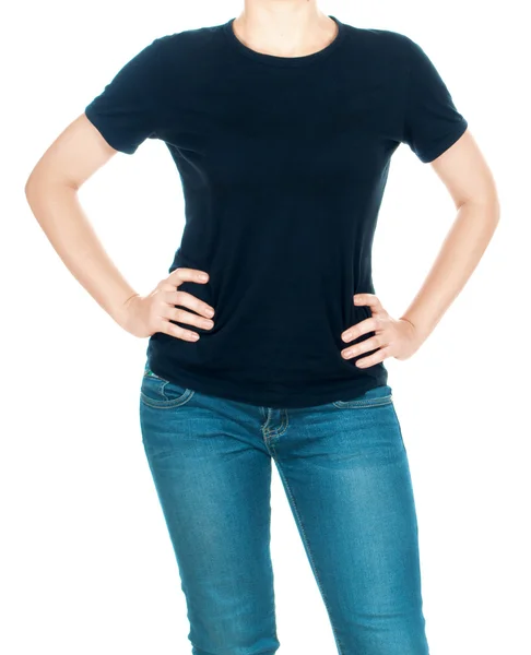 Menina em uma camiseta preta e jeans em fundo isolado — Fotografia de Stock