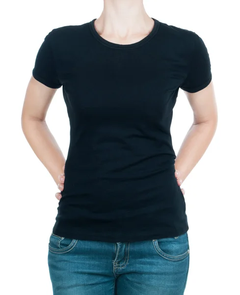 Dziewczyna w czarny t-shirt i dżinsy na na białym tle — Zdjęcie stockowe