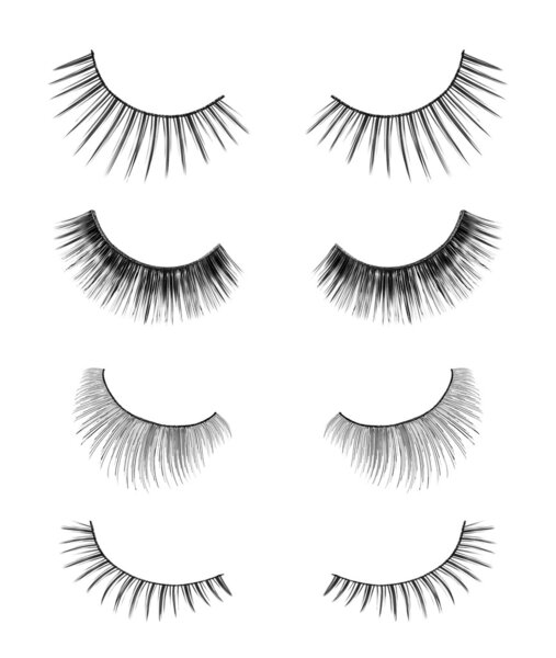 collection of black false eyelashes on an isolated white backgro