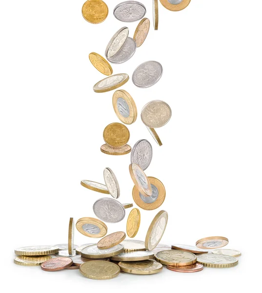 Heap of gold coins falling to the ground — Stock Photo, Image